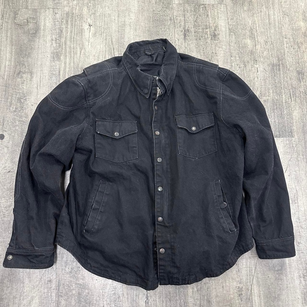 First MFG Co. Roughneck Black Denim Full Zip Button Motorcycle Jacket Sz 4x